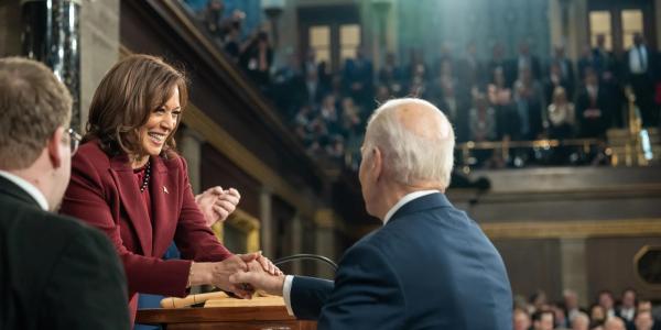 President Joe Biden greets Vice President Kamala Harris as he arrives to deliver his State of the Union address, Tuesday, February 7, 2023, on the House floor of the U.S. Capitol in Washington, D.C.