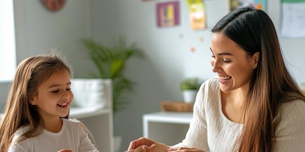 Therapist and child look at cards