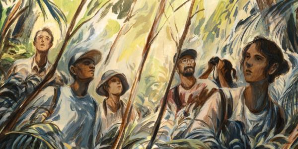 painting of people exploring a rainforest