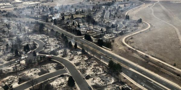 An aerial view of a neighborhood destroyed by the Marshall Fire.