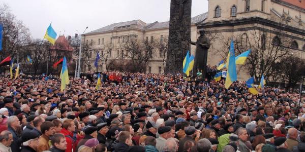 Protesters gather in the Ukrainian city of Lviv during the Maidan protests of 2014.