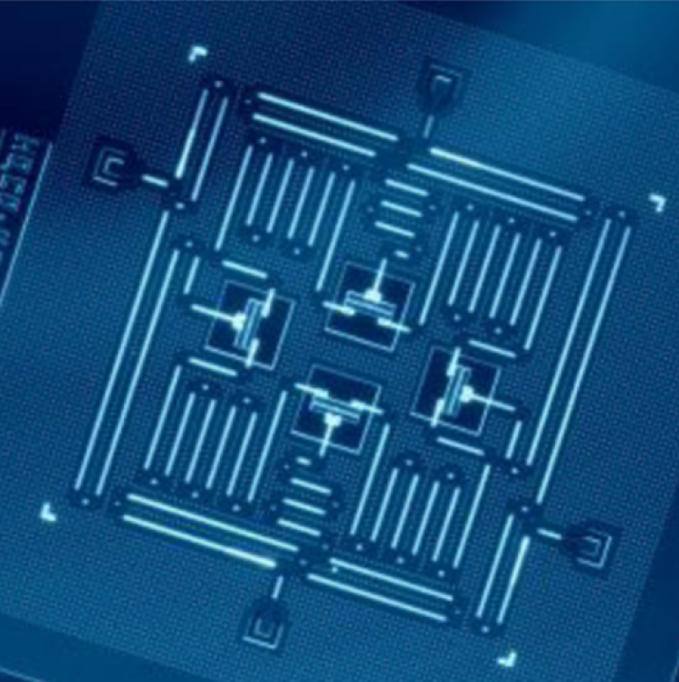 A quantum computer chip designed by IBM that includes four superconducting qubits.