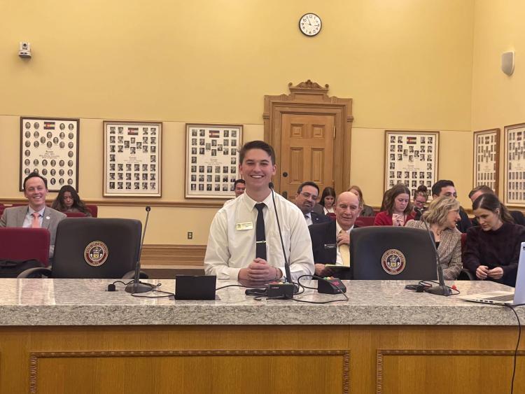 Camden Sharkey, CUSG attorney general intern, prepares to testify during the Colorado State Senate Education Committee meeting