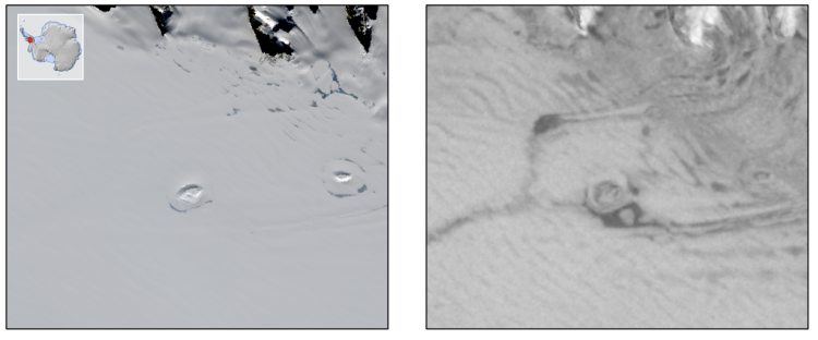 A section of the West Antarctic Ice Sheet as seen from space in visible (left) and microwave (right) light. Two subsurface lakes show up as dark patches in the microwave images.