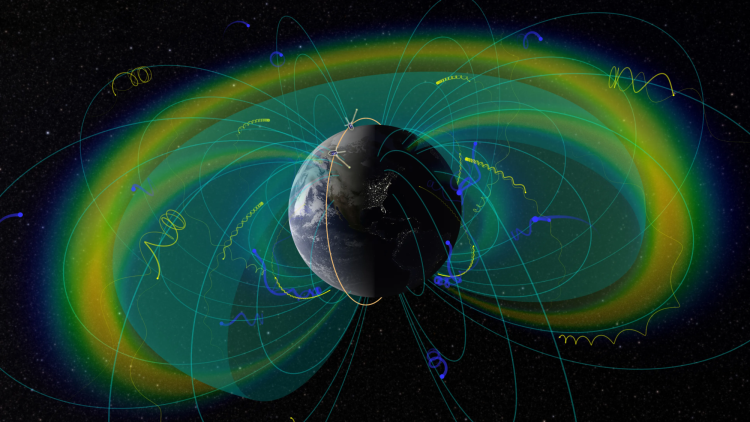 Image of Earth surrounded by glowing rings with spiraling lines representing charged particles