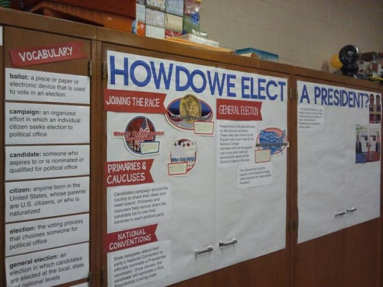 Several posters in a classroom describing an exercise called "How do we elect a president?"