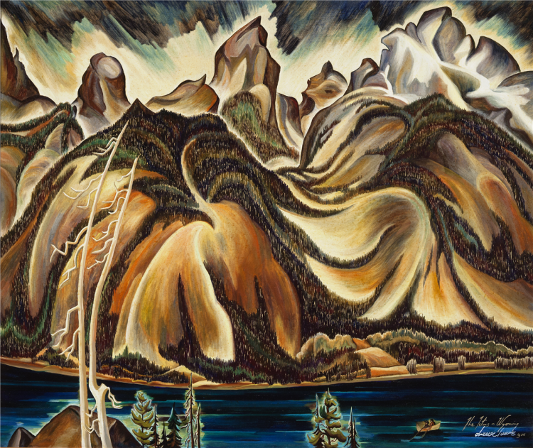 A colorful depiction of the Tetons in different shades of brown front of blue water, by artist Eve Drewelowe.