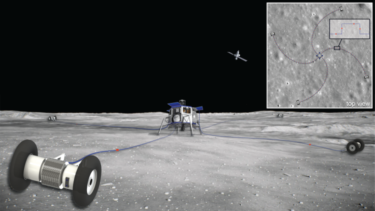Graphic showing rolling robots spooling out antennae on the moon's surface, with an inset showing the spiral shape of that antennae array from above.