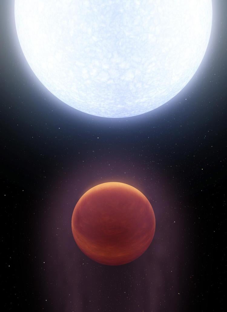 Artist's depiction of planet in orbit around a white star.