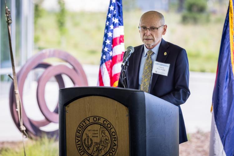 CU Boulder Provost Russell Moore speaks during a memorandum of understanding signing event Aug. 20 on the UC Colorado Springs campus. (Photo provided)