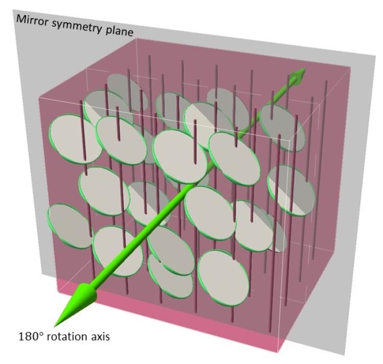 A graphic demonstrating the two types of symmetry in a monoclinic liquid crystal (one mirror plane and one 180-degree axis of rotation)