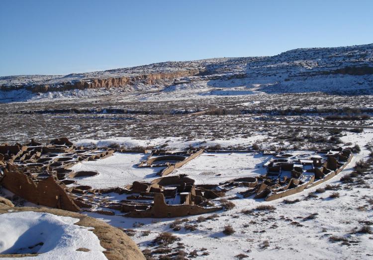 The remnants of the Pueblo Bonito Great House seen from above