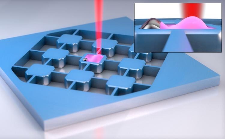 Artist's depiction of an electro-optic transducer, an ultra-thin wafer that can read out the information from a superconducting qubit.