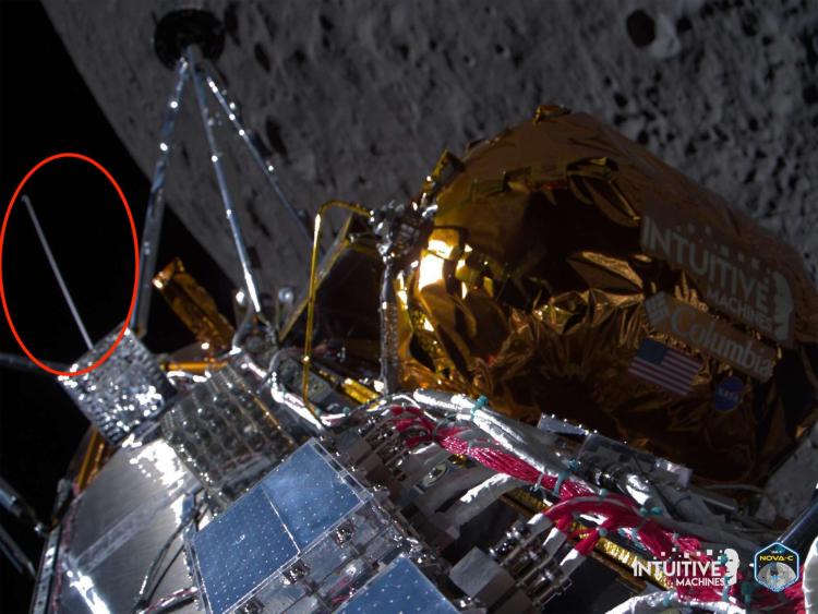 Photo of a spacecraft flying with the curve of the moon in the background. A red circle shows the location of an antenna popping out