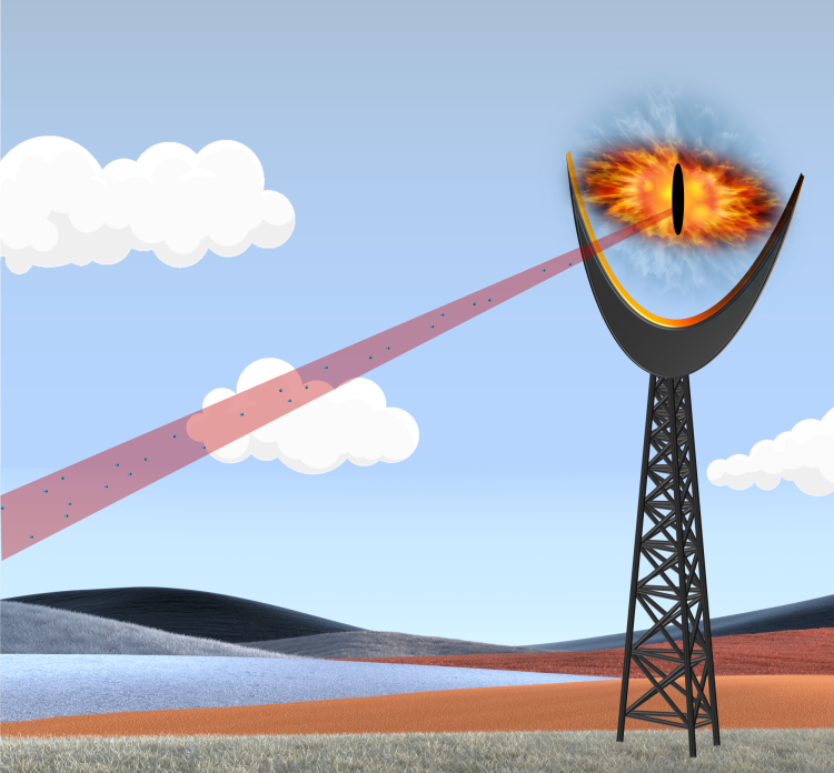 Graphic showing a flaming eye sitting on top of a metal scaffold and emitting a red laser beam