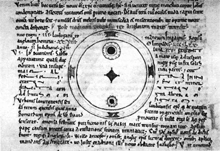 A drawing of a sunspot in the middle of a page with text