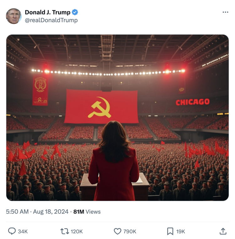 Screenshot of an X post featuring an image of a woman seen from behind speaking to a crowd with a hammer and sickle communist flag hanging above