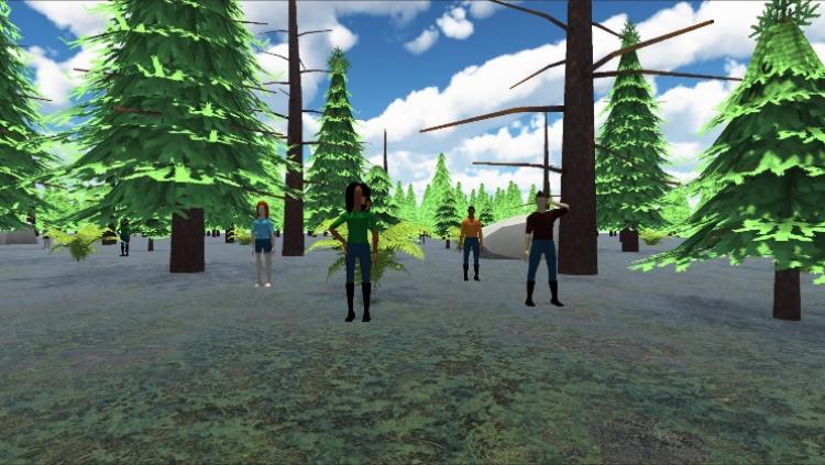 Digital animation of trees in a forest with a few humans standing around