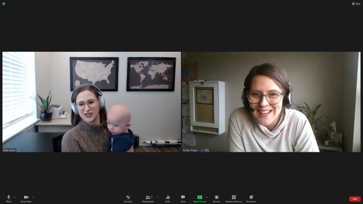 Kate Lanter holding baby while on Zoom call