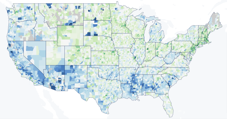 National map of average test scores by school district.