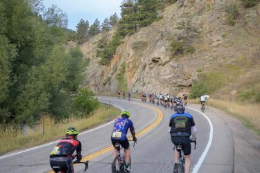 Bikers riding up a canyon.