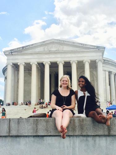 Two students in front of the Lincoln Memorial