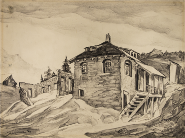 Pencil drawing by Muriel Sibell depicting a brick house on the side of a mountain by another partially built house.