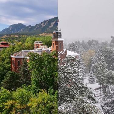 Old Main split screen features green and sunny skies (left) and snowstorm (right)