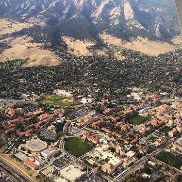 Aerial view of CU Boulder and the Flatirons
