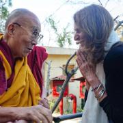 Sona Dimidjian greeting His Holiness the Dalai Lama in Dharamsala, India