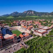 An aerial image of the CU Boulder campus. (Photo by Glenn Asakawa/University of Colorado)