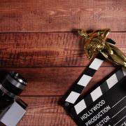 Academy Award trophy, camera and film clap board