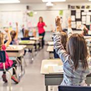 Children, seen from behind, sit at desks and raise their hands in a classroom