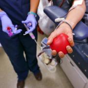 Person getting ready to give blood with nurse, needle behind