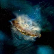 Artist's depiction of the bright accretion disk around a supermassive black hole