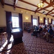 Professor Max Boykoff speaks during the EU campus visit to CU Boulder.