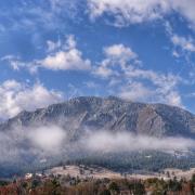 A scene of the Flatirons from the CU campus.
