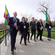 2019 Conference on World Affairs ritual procession across Norlin Quad. Left to right: CWA Faculty Director John Griffin, CWA Program Chair Margaret Hollingsworth, CWA Community Chair Laurie Hathorn, keynote speaker Leyla Acaroglu, Chancellor Philip DiStefano, CWA Student Leader Hadley Talkackson. Photo by Patrick Campbell.