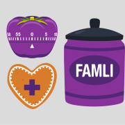 A graphic with a purple tomato-shaped kitchen timer in the top left corner, an orange heart with a plus sign in the lower left corner, and a purple jar with a lid and the word "famli" on the right side.