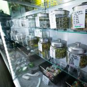 Jars of a cannabis flower in a dispensary