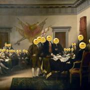John Trumbull's painting of the Declaration of Independence with emoticons on every person's face