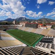 An empty Folsom Field stadium on the CU Boulder campus.