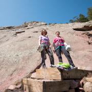 Co-founders of Girls on Rock getting ready to climb the first Flatiron