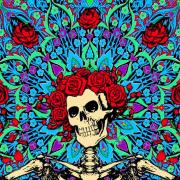 Grateful Dead skeleton with colorful kaleidoscope background