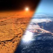 Image of Mars' climate today (left) and an artist's depiction of how the planet may have looked billions of years ago (right).