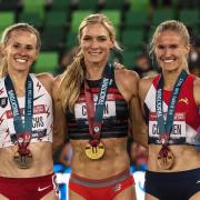 Emma Coburn, center, and Val Constien, right, on the podium after the 2020 USATF Olympic Trials steeplechase finals