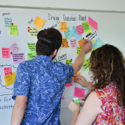 A man and two women stick post-it notes on white sheets of paper hanging from the wall