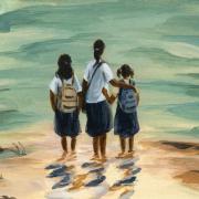 Painting of three young girls standing in water