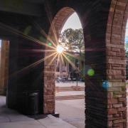 The Loggia area outside the University Memorial Center at sunset. 