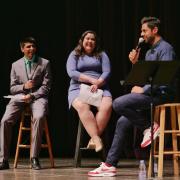 Rohan Mylavarapu of Cultural Events Board, left, and Sydney Pollack of Project Nur, join Minhaj to ask questions. Photo by Glenn Asakawa.